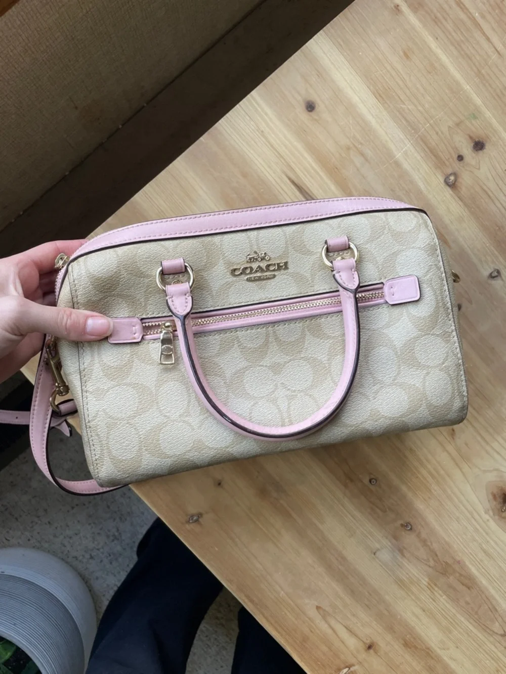 Coach Tan Signature Canvas Rawan Satchel with Pink Trim